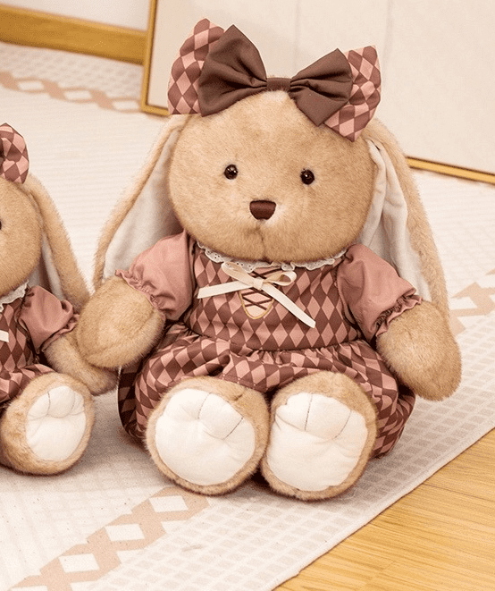 14/18in Vintage Checkered Dress Bunny Plush Toy for Kids, Soft Stuffed Rabbit Doll with Bow, Cute Decorative Plushie, Available in 2 Sizes