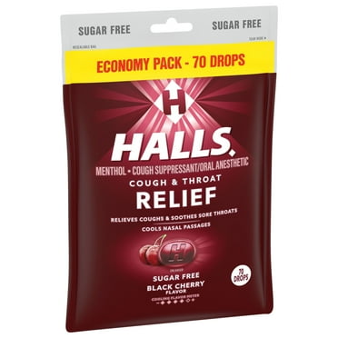 HALLS Relief Sugar Free Black Cherry Flavor Cough Drops,  Pack, 1 Bag (70 Total Drops)