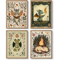 Vintage Nursery Dragon Wall Art Baby Boy Room Canvas Wall Decor Whimsical Dinosaur Flower Poster Nursery Cute Dragon Pictures Fantasy Prints Painting for Girls Bedroom Kids Room 4Pcs