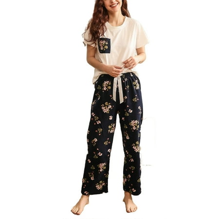 

2pcs Set Casual Floral Print Round Neck PJ Pant Sets Short Sleeve Women s Pajama Sets (Women s)