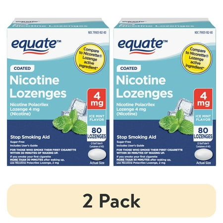 (2 pack) Equate Coated Nicotine Polacrilex Lozenges, Stop Smoking Aid, 4 mg, Ice Mint, 80 Count