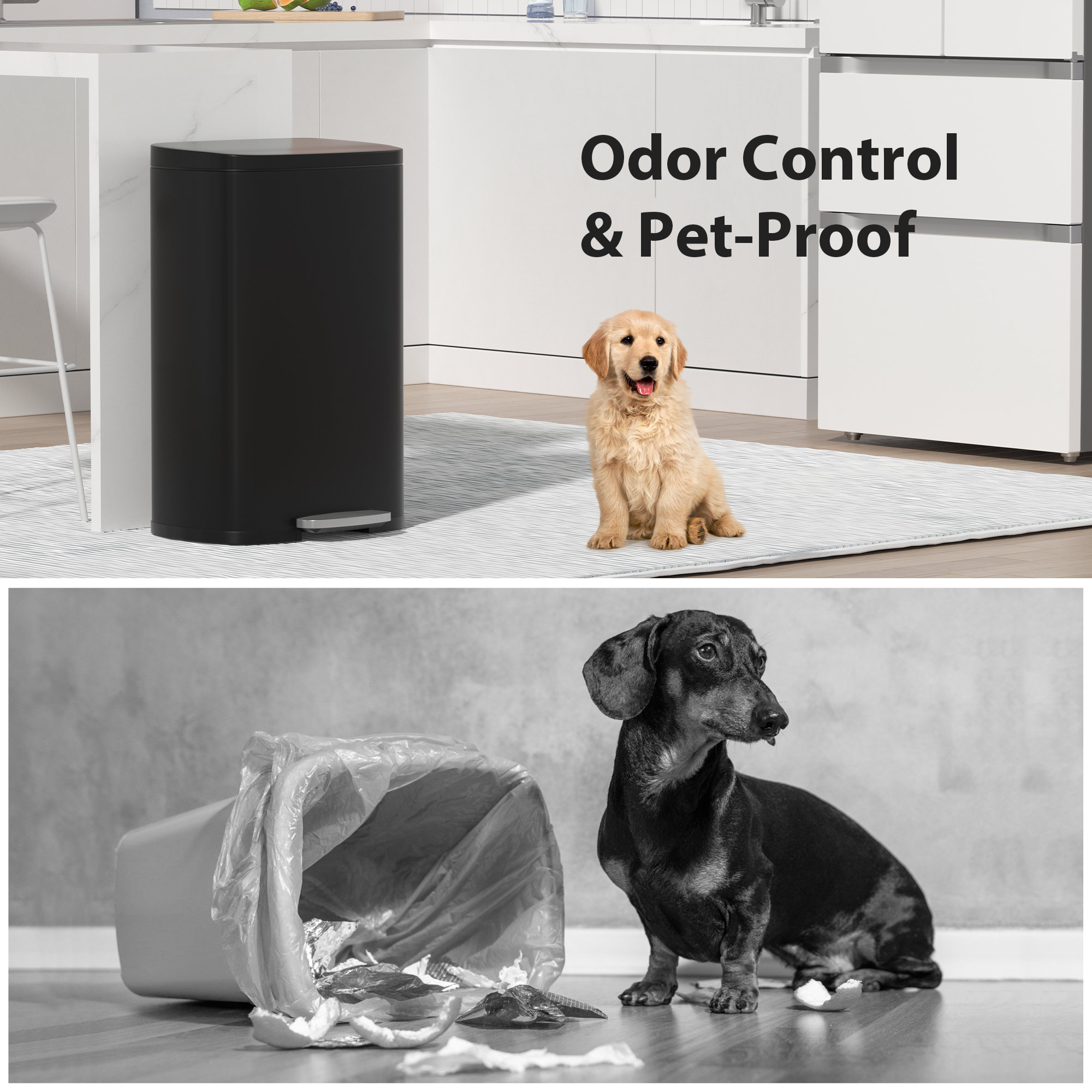 CL.HPAHKL Step-On Kitchen Trash Can, Brushed Stainless Steel Garbage Can with Soft Close Lid, Large Capacity Garbage Bin with Odor Seal for Home, Office, Bathroom, Bedroom, Black