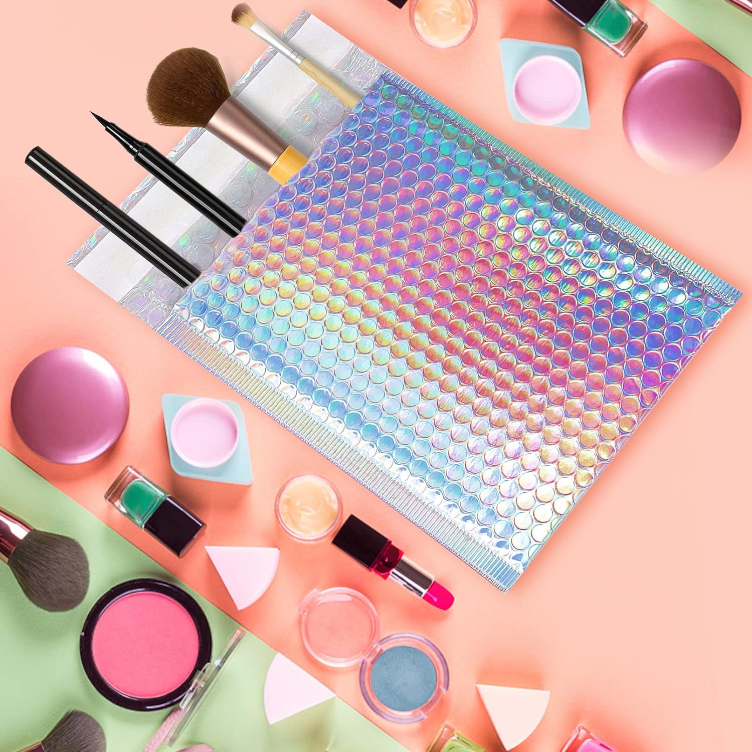 50 Pcs Metallic Bubble Mailers,Poly Padded Envelopes,Waterproof Self Seal Adhesive Shipping Bags,Foil Glitter Glamour Shipping Mailer,Holographic Cushion Envelopes for Mailing,Packing,Small Business