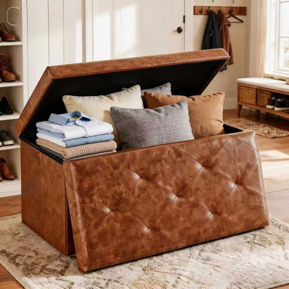 30" Storage Ottoman Bench, Folding Ottoman Foot Rest, Storage Chest with Thicker Seat, Storage for Blankets in Living Room, Entryway, Bedroom, Brown