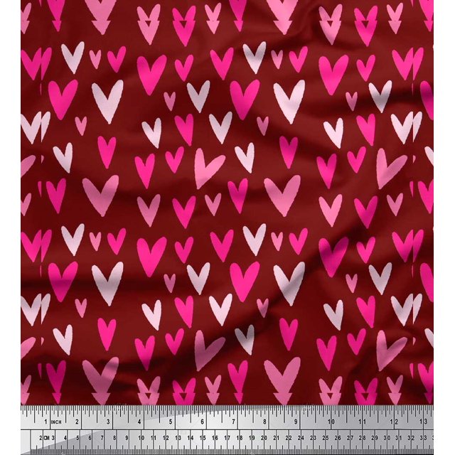 Soimoi Tissu Crêpe polyester Rouge Imprimé Cœur Rose au Mètre 42 Pouces de Large