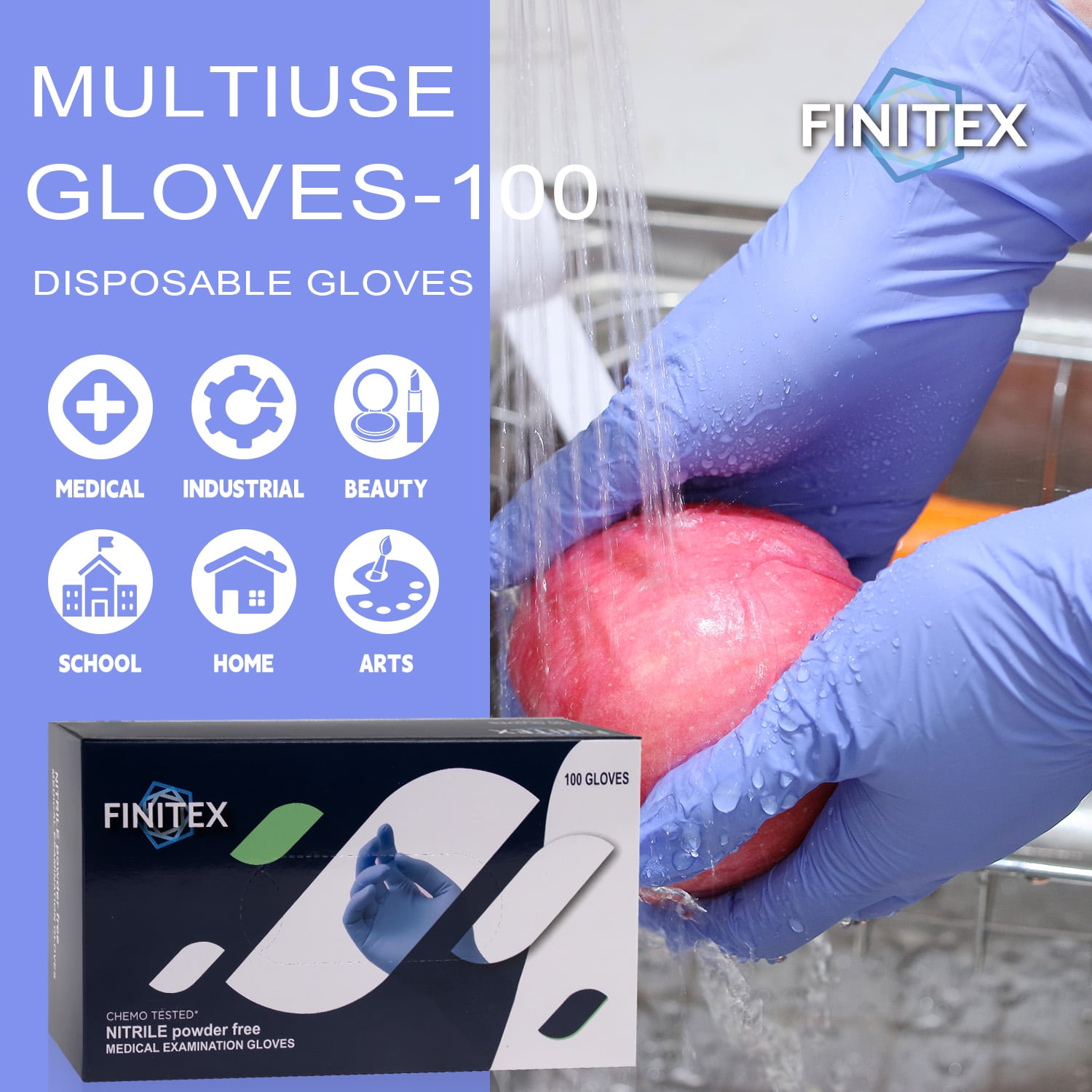 (3 pack) FINITEX Nitrile Disposable Gloves, Blue Medical Exam Gloves 100 of Pack, Latex-free, Rubber Free, Food Safe Examination Chemo Glove, 3.2 Mil, Large