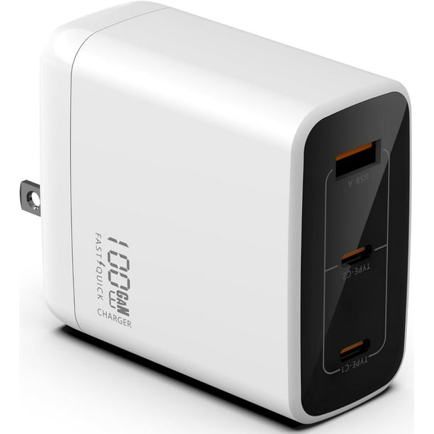 Cargador Vebner Rápido 100W Doble USB-C Más USB-A GaN Blanco