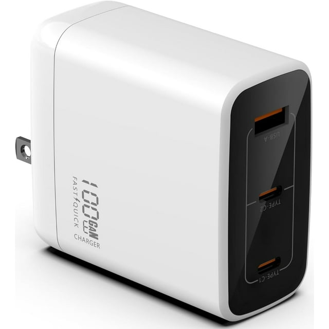 Cargador Vebner Rápido 100W Doble USB-C Más USB-A GaN Blanco