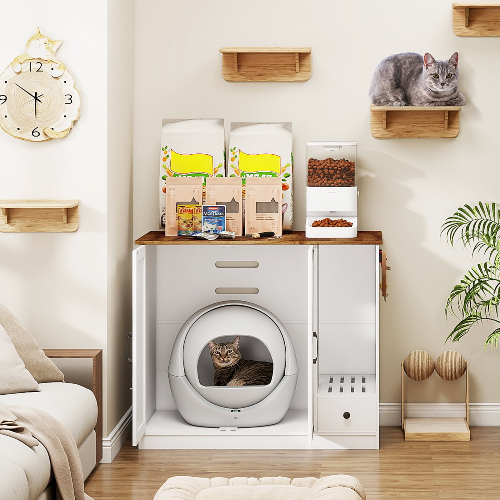 FULLWATT Large/Tall Cat Litter Enclosure, Litter Box Furniture Hidden, Cat Litter Box Enclosure Cabinet Large with Double Doors and Pull-Out Drawer for Self-Cleaning Litter Boxes