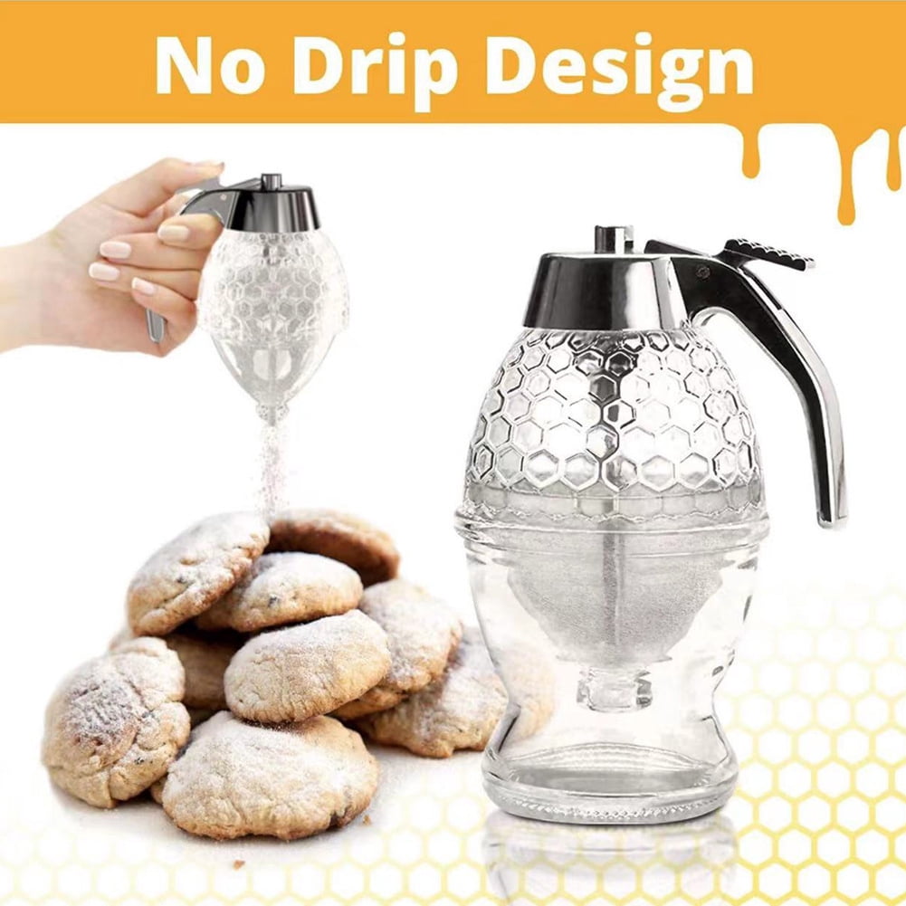 No Drip Honey Dispenser with Stand - Honeycomb Shaped Honey Holder and Syrup Dispenser -Bee Decor Honey Storage Jar, Honey Dispenser for Honey, Syrup - 8 oz， Father's Day Gift