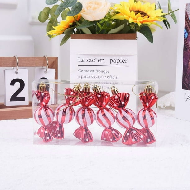CaiYueKe 6 Pcs Christmas Candy Ornaments Plastic Tree Decorations 3D Hanging Ball Holiday Party Supplies Festive Shiny Artificial Decor for Xmas Tree Home Decor