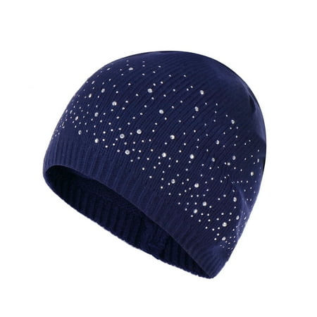 - Winter Warm Knitted Crochet Wool Hat Women Skull Rhinestone Beanie Cap Slouchy Skiing Hat (navy blue)