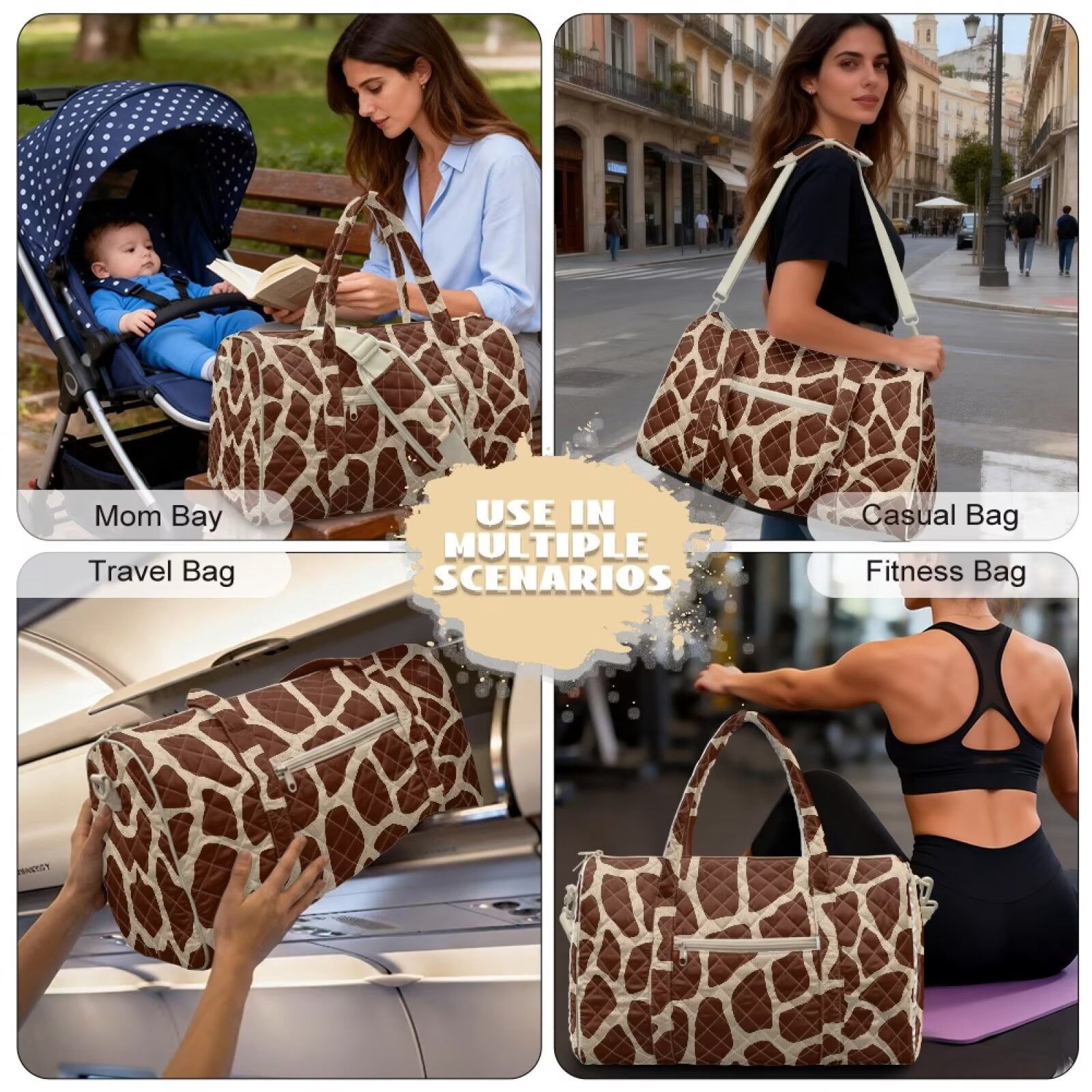 Xixirimido Brown Giraffe Skin Print Travel Duffle Bag Weekender Overnight Hospital Bags for Women Lightweight Carry-on Gym Bag for Travel, Airplanes, Sports