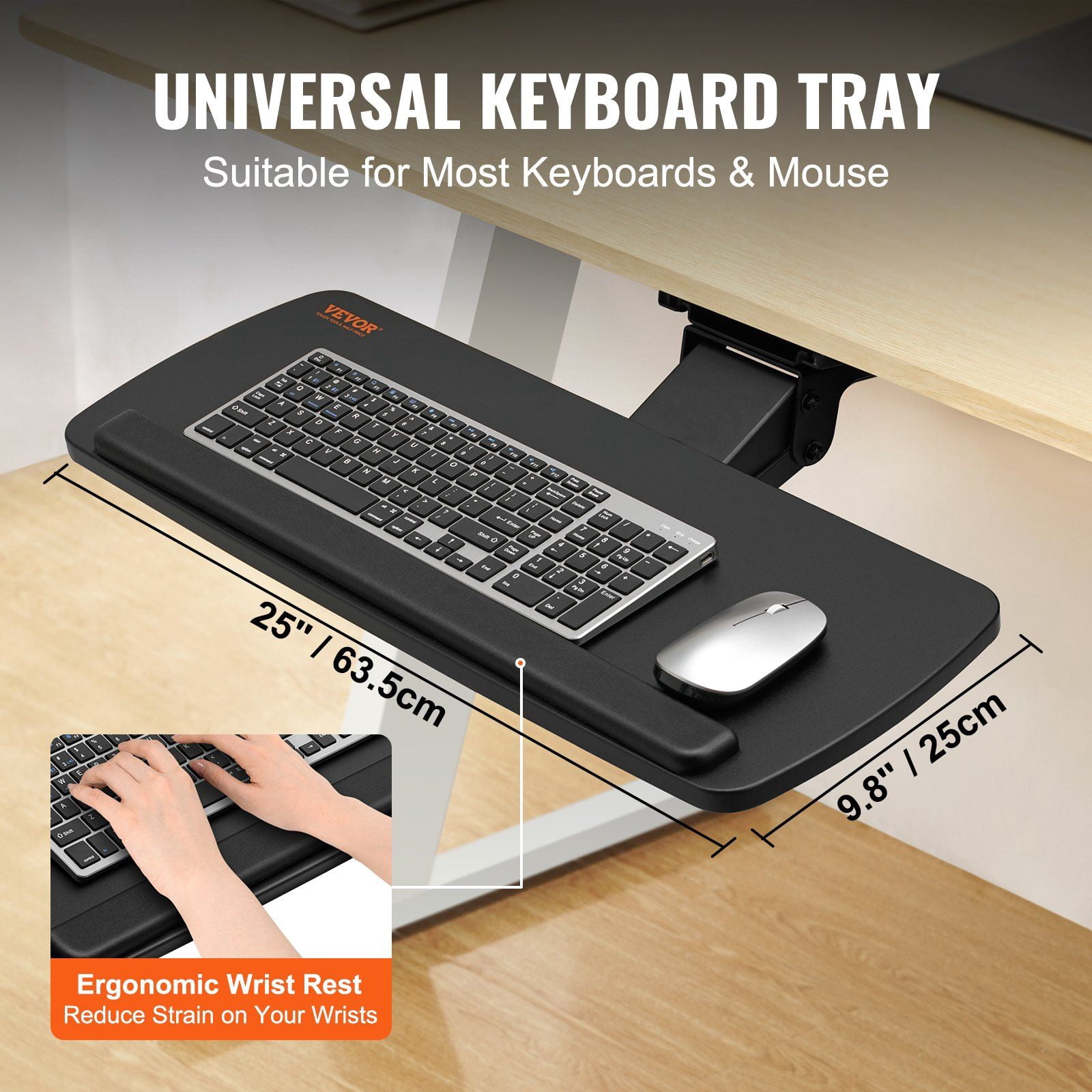Adjustable Height and Angle Under Desk Keyboard Tray Slide Out Large 25x9.8 inch Holder for Home Office Typing