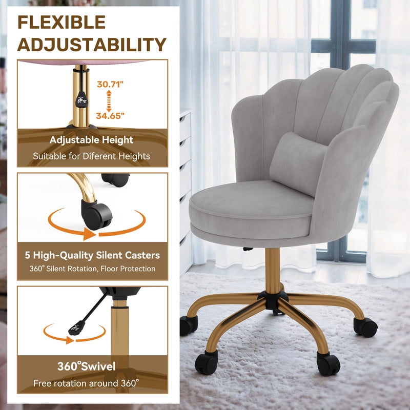 Hawsaiy Shell Back Home Office Chair with Lumbar Pillow, Modern Upholstered Desk Chair with Gold Metal Base, Swivel Adjustable Computer Chair for Home Office, Gray