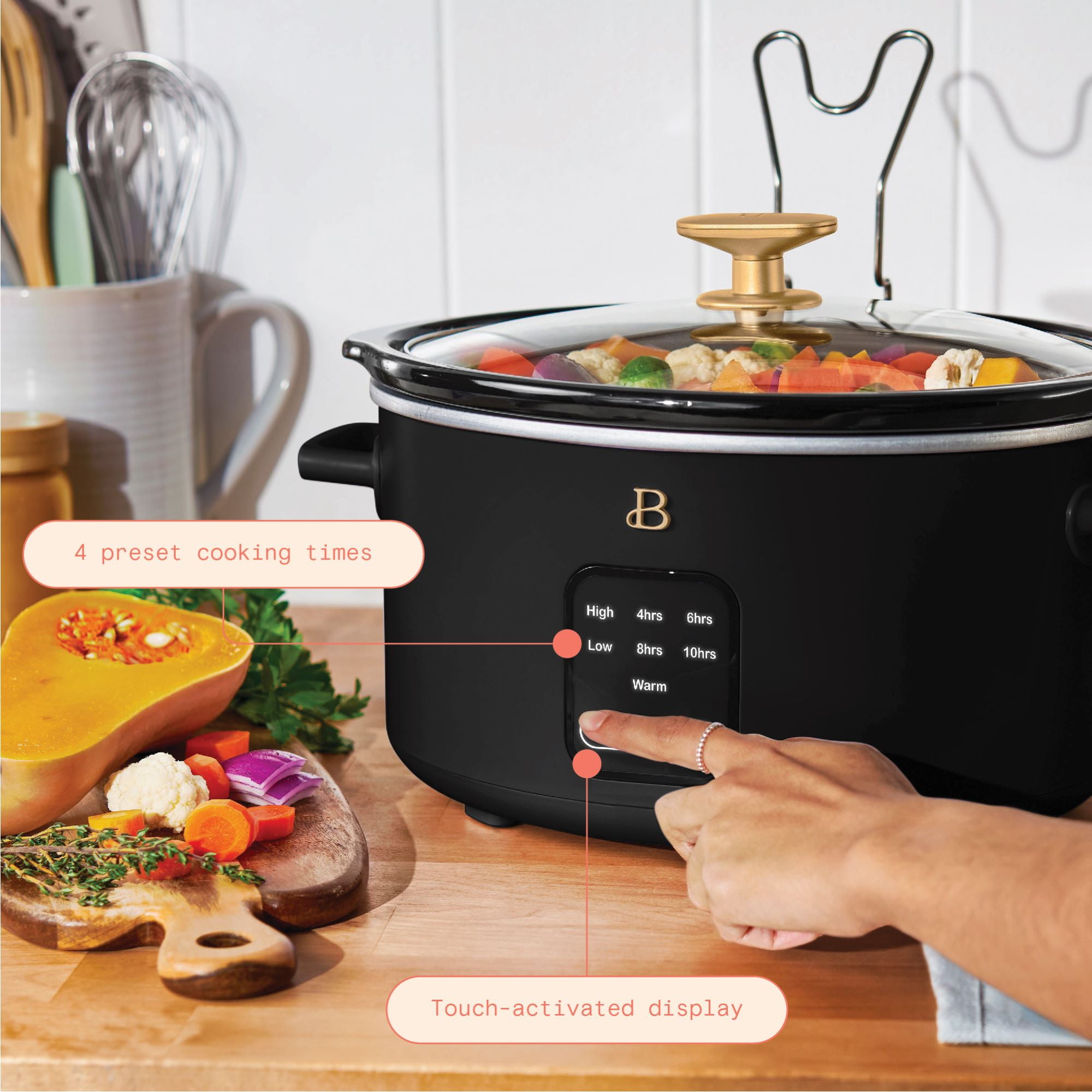 Beautiful 4Qt Slow Cooker with Touch-Activated Display, Black Sesame by Drew Barrymore