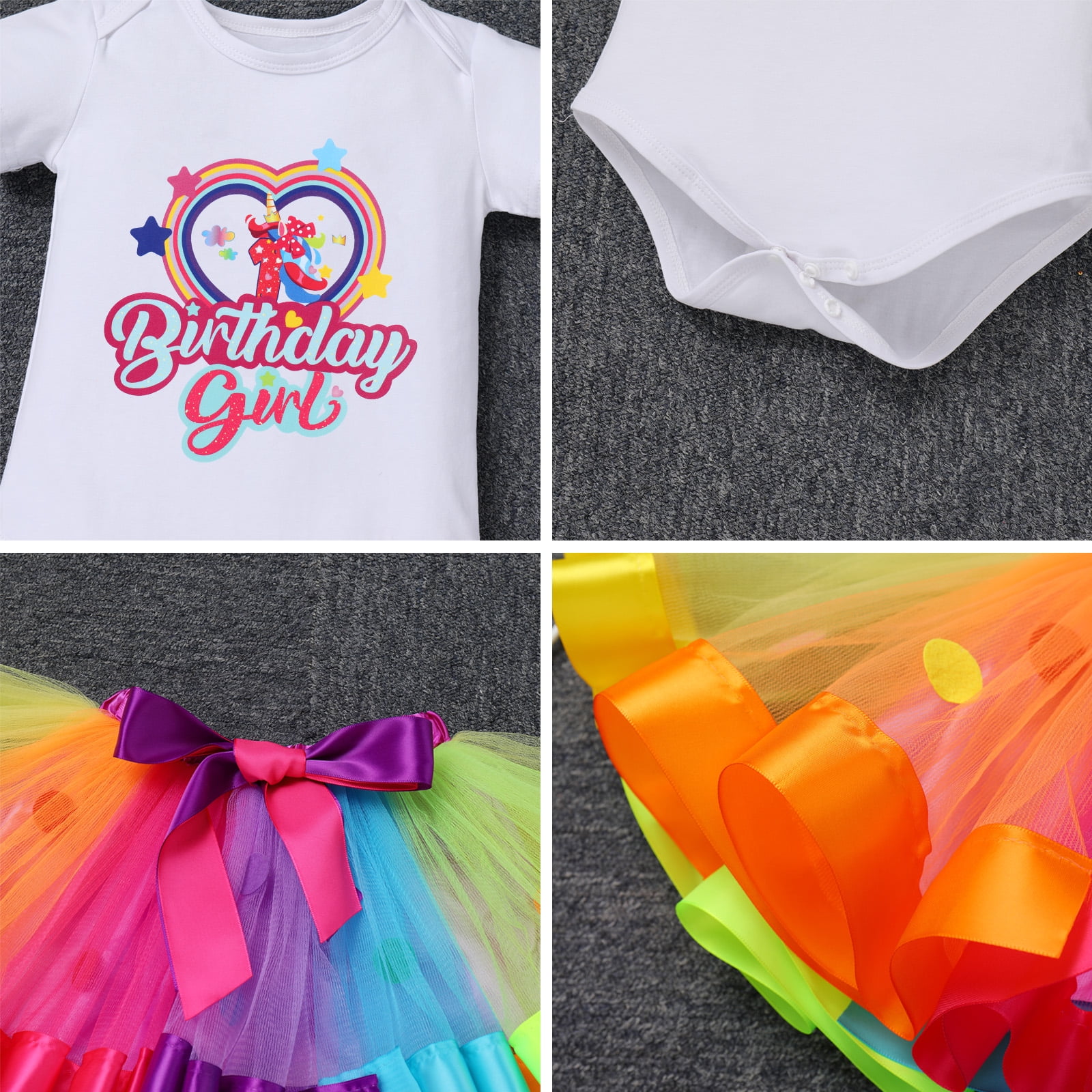 IBTOM CASTLE Toddler Baby Girl Unicorn 1st 2nd 3rd Birthday Outfit Romper + Rainbow Tutu Skirt + Headband + Sash + Badge 5PCS Princess Dress up Clothes Set for Cake Smash Photo Shoot