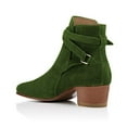 thumbnail image 3 of YDN Women Block Low Heel Suede Cowgirl Boots Pull on Ankle Bootie with Buckle Strap Shoes Size 4 Olive, 3 of 3