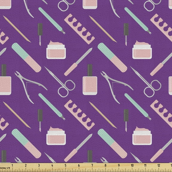 Ambesonne Fashion Fabric by the Yard Upholstery, Lipstick Powder Scissor Art, 3 Yards, Blue Violet Seafoam