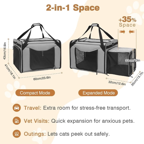 Large Cat Carrier with Litter Box, 24"x16"x17" Soft Cat Travel Carrier for 2 Cats, Expandable Cat Carrier for Car Travel Long Distance, Up to 35 lbs
