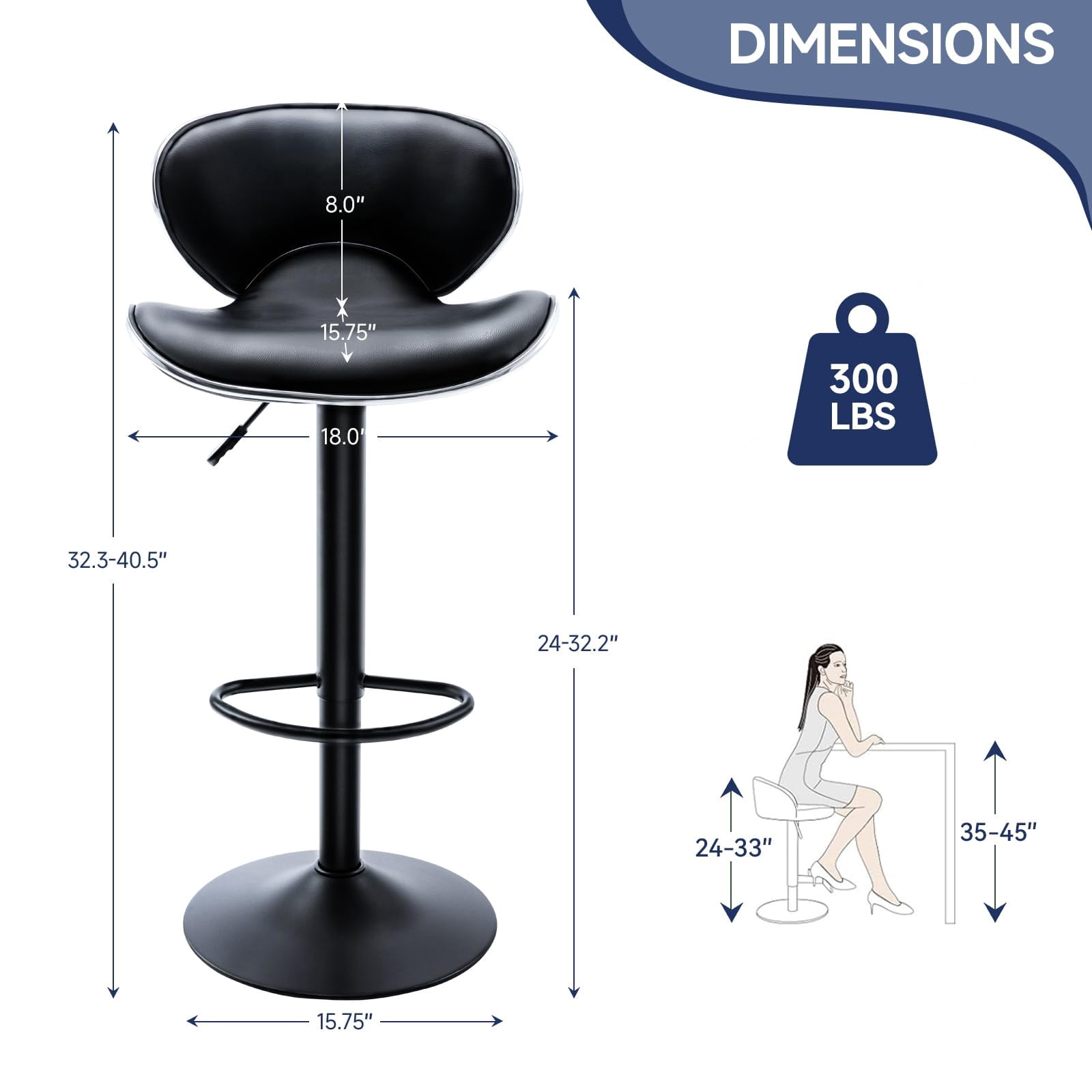 Adjustable Swivel Bar Stools Set of 2 , Modern PU Leather Upholstered Bar Chairs with Chrome Base for Kitchen Island, Dining Room, Pub, Counter (Black,Black Base)