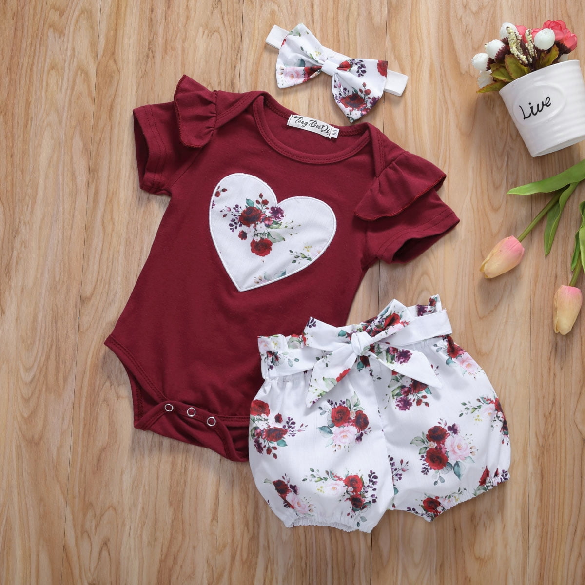 Newborn Baby Girls Romper Tops Floral Shorts Pants Headband