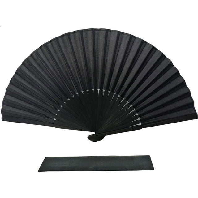 Abanico de mano plegable de tela de seda negra con bolsa, costillas de bambú, boda china vintage de mano para niñas y mujeres (negro)