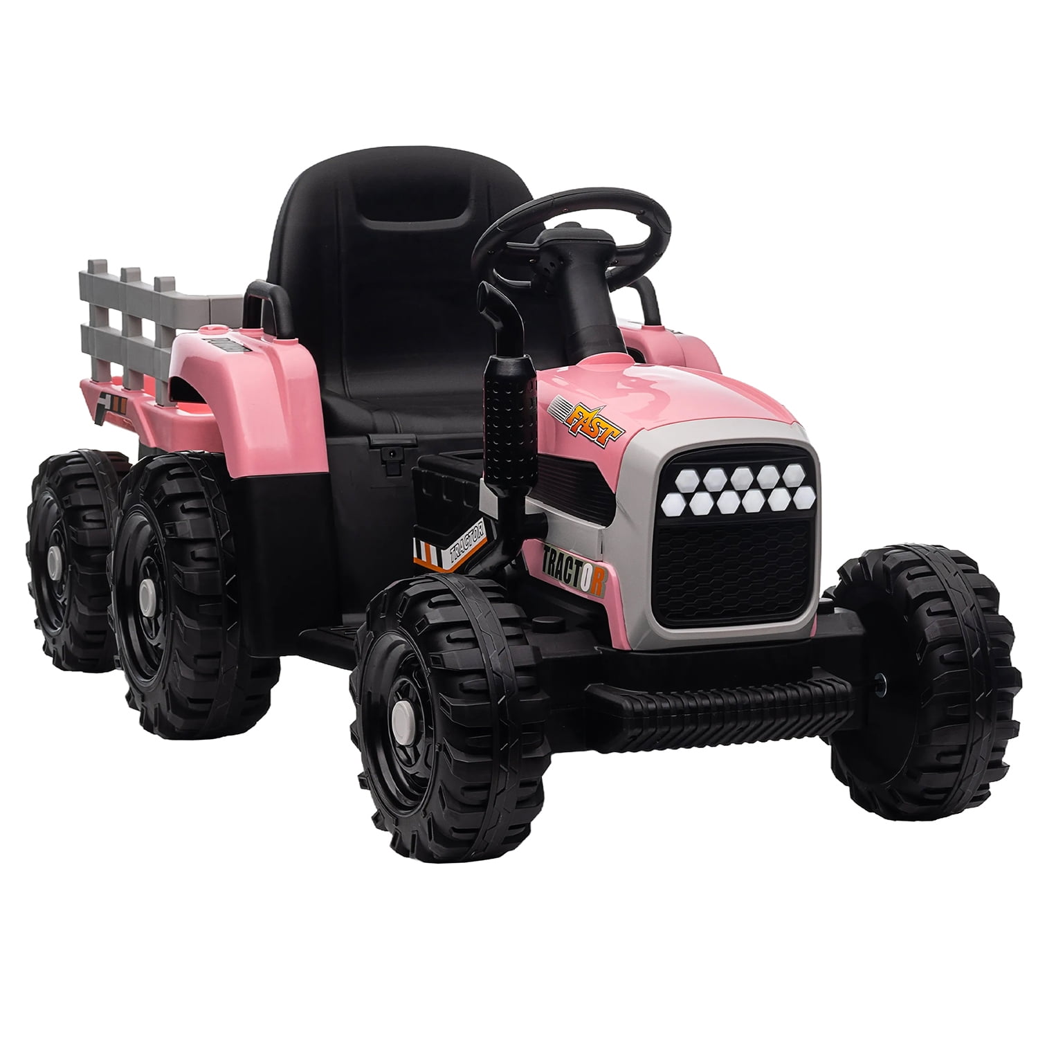 CIPACHO 12v Battery-Powered Kids Toy Tractor with Trailer and 3-Gear-Shift Ground Loader Ride On with USB&Bluetooth Audio Functions, Pink