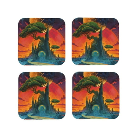 

Fuzoiu Abstract Tree Castle Print Leather Coasters Set Drink Coasters Set of 4 for Tabletop Protection Durable PVC Coasters Home Décor and Housewarming Gift-Square