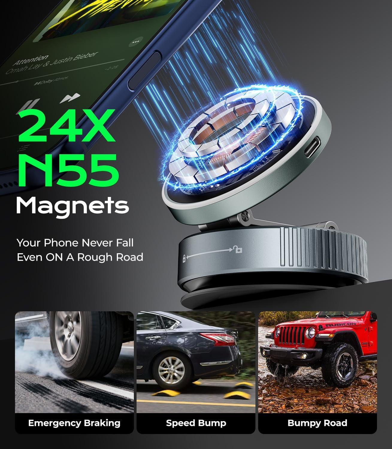 FHDFHD for MagSafe Car Mount Charger, 15W Wireless Charger Stand with Vacuum Suction Cup, Magnetic Phone Holder for Car, for iPhone 17 Pro Max 16-12 & Android, 360°Adjustable & Foldable Phone Stand