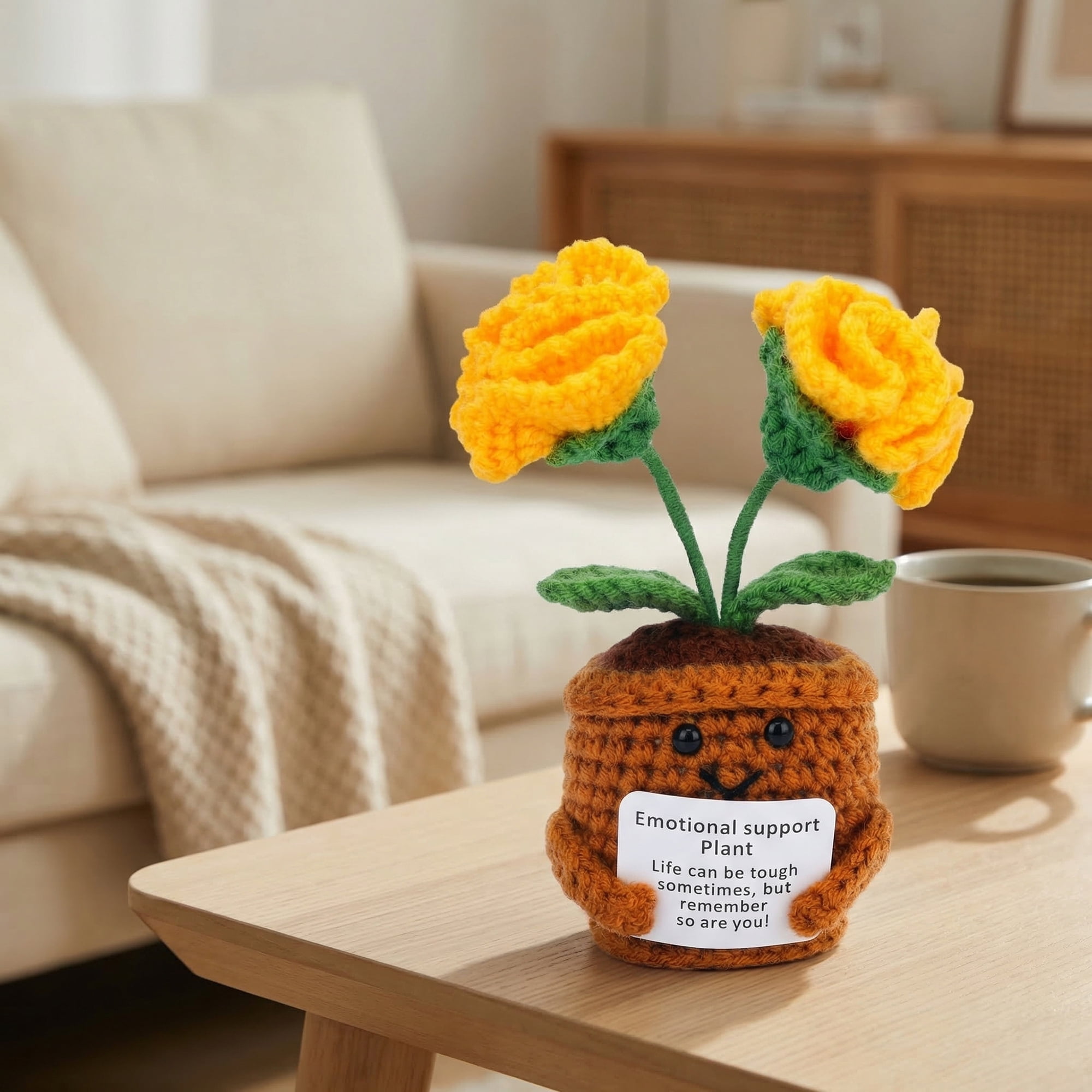Unique Bargains Handmade Crochet Carnation Knitted Potted Plant Yellow 4.3inch