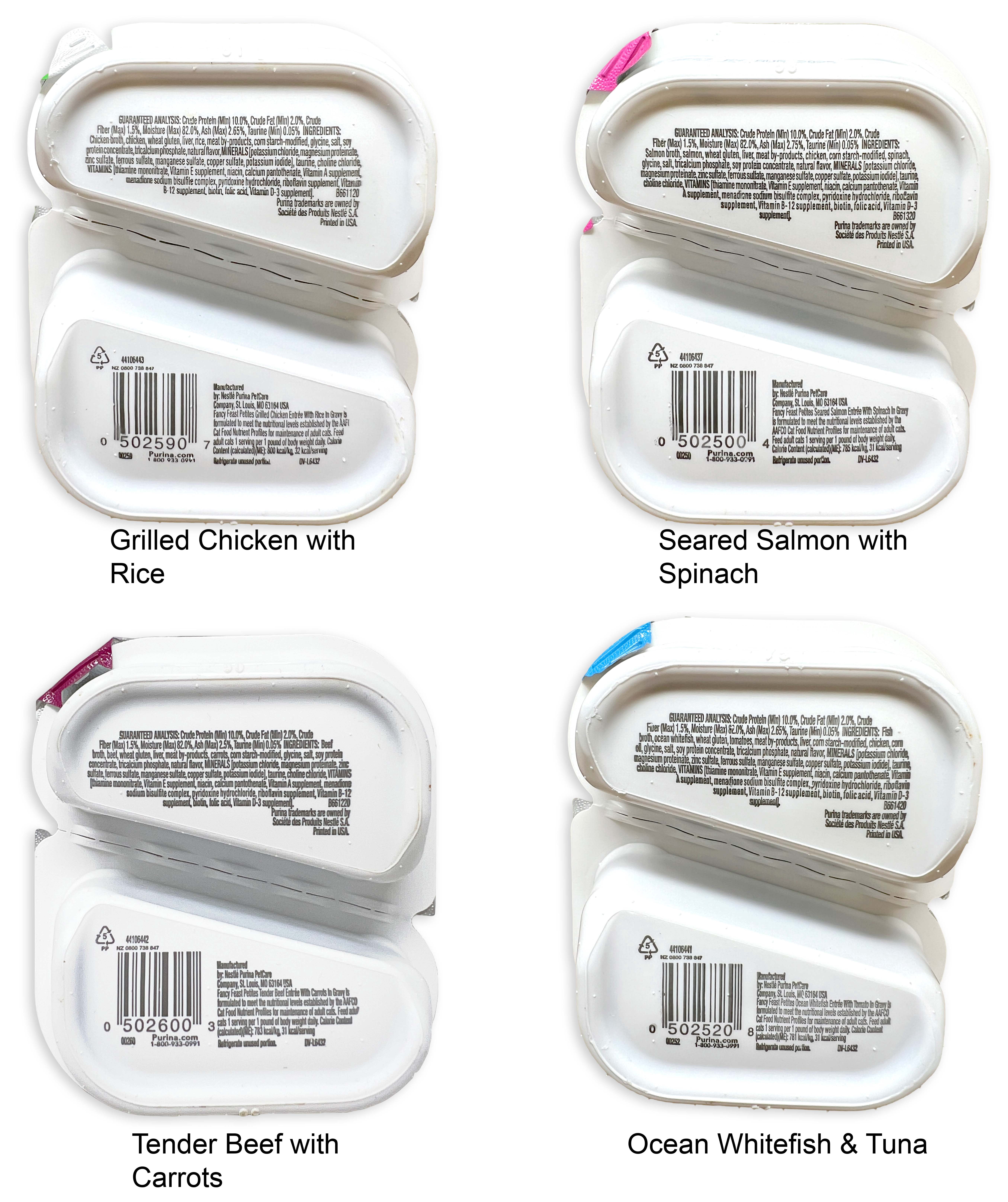 Fancy Feast Petites Adult Cat Food Sampler - 4 Flavors: Chicken, Seared Salmon, Tender Beef, & Ocean Whitefish | 2 Each | Percy Loves Pal Furresher, Cat Toy, & MerlinsMart Zine