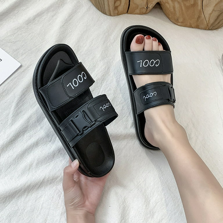 Korean Style Women Summer Rubber Slippers Cool Letters Printed Open Toe  Anti-Skid Flat Slide Shoes Double Strap Slip-On House SPA Sandals