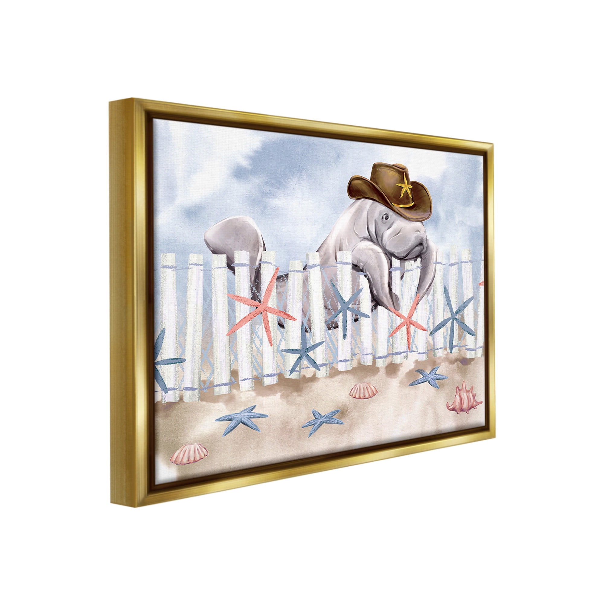 Stupell Industries Manatee in Cowboy Hat Animals & Insects Painting Gold Floater Framed Canvas Art Print Wall Art, 21 x 17