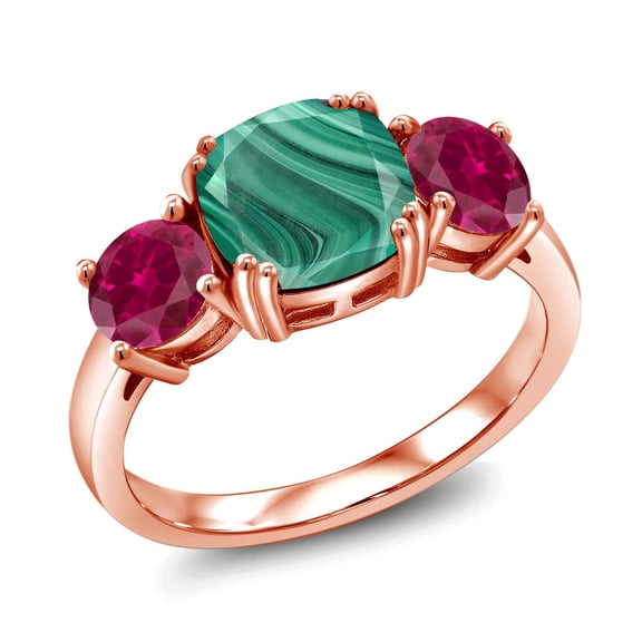 Gem Stone King 18K Rose Gold Plated Silver Green Malachite and Red Created Ruby 3 Stone Engagement Ring for Women (5.00 Cttw, Gemstone, Cushion 8MM, Size 6)