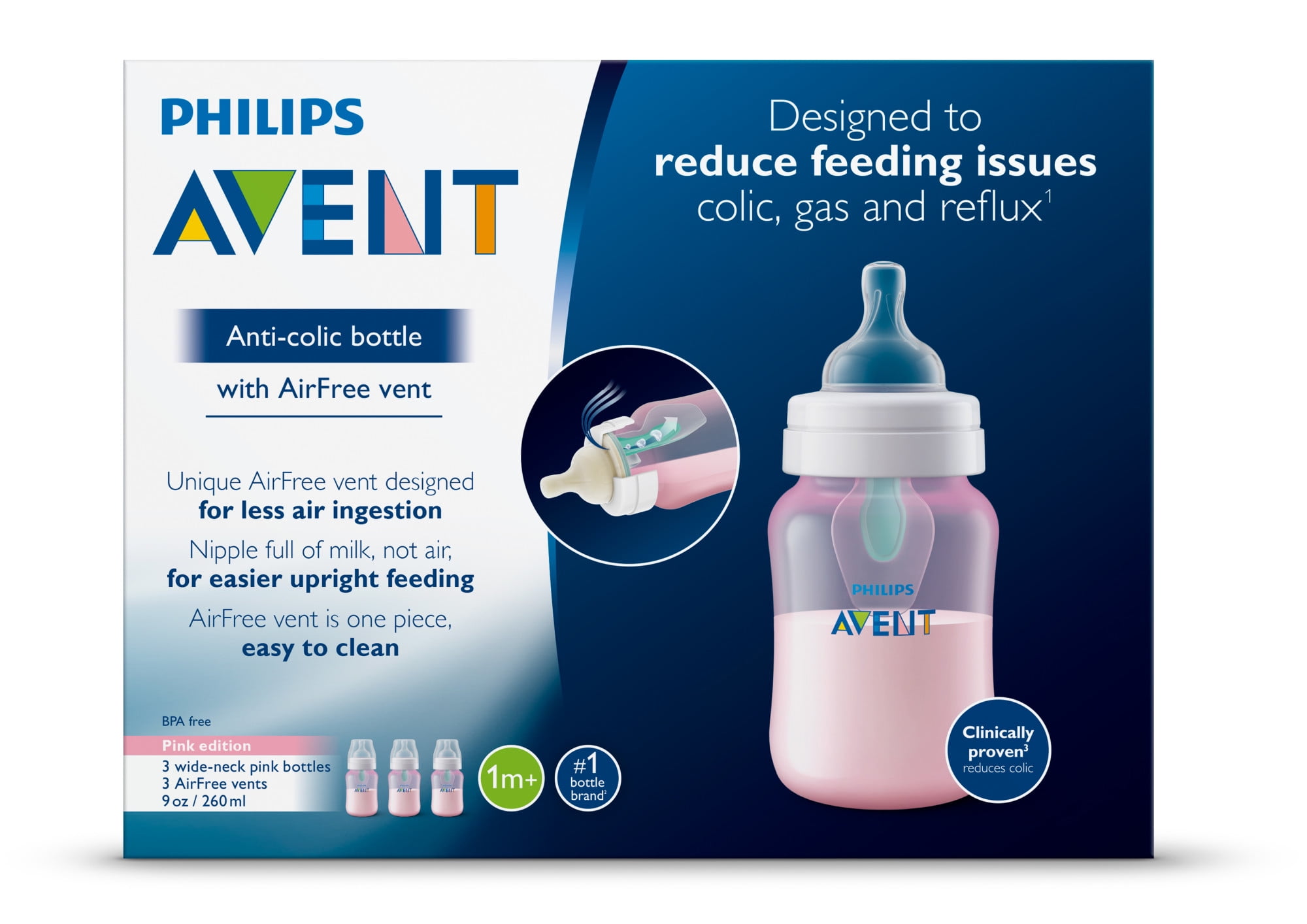 Philips Avent Anti-colic Bottle with AirFree Vent, 9oz, 3pk, Pink, SCF404/34