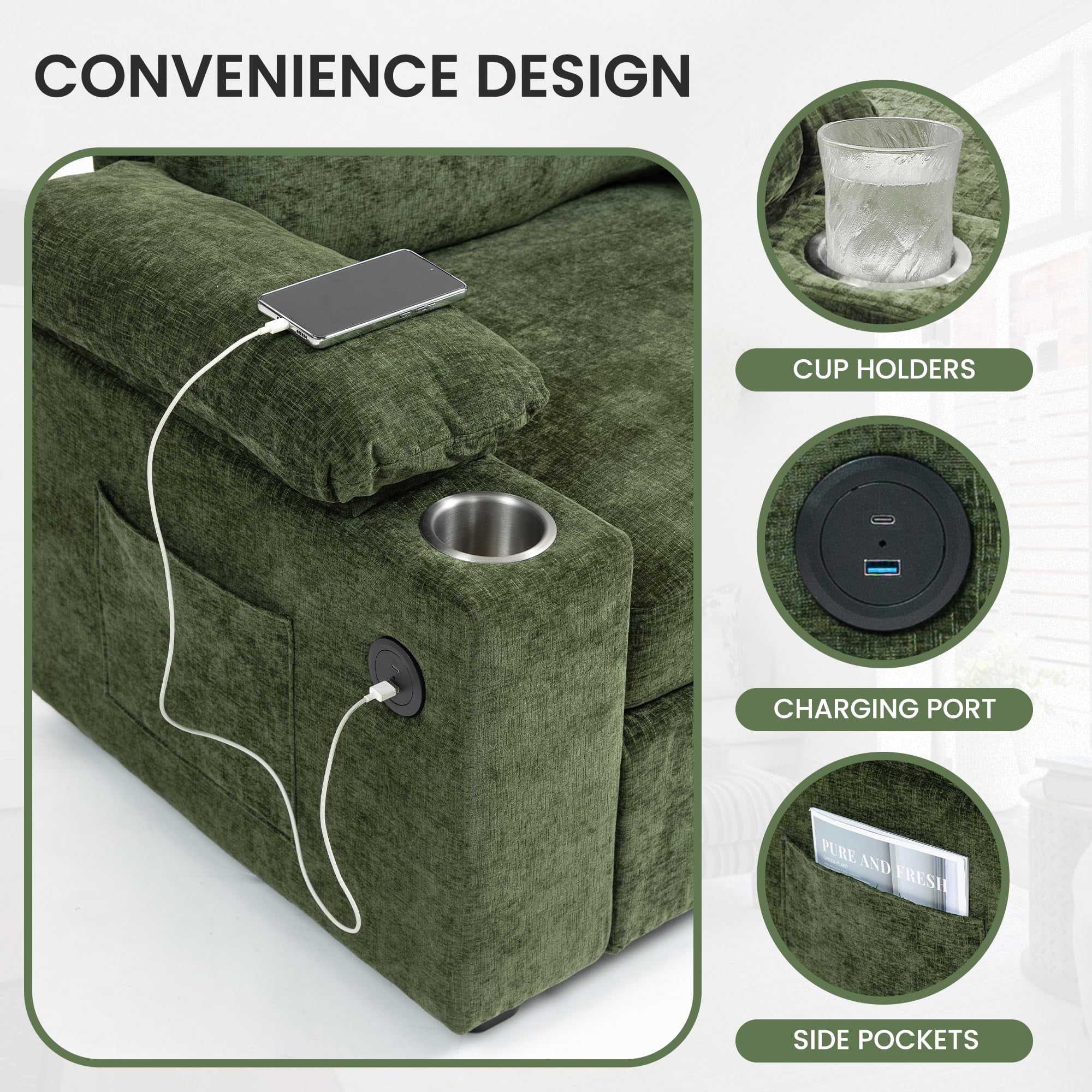 Aukfa 58" Chaise Lounge Oversized Sofa Chair with 2 Cup Holders&USB Ports, Chenille, Green