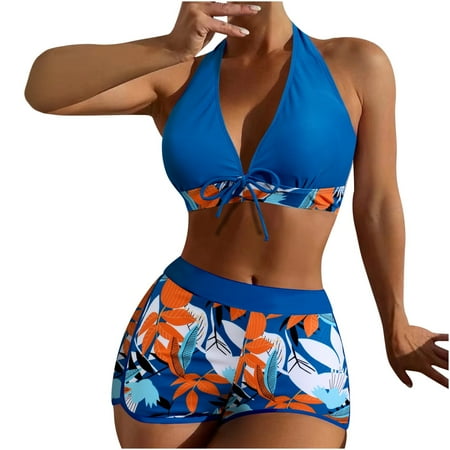 Swim Cover Up for Women Bikini Top Women Elegant with Chest Pad Without Underwire Print Deep V High-waisted Patchwork Swimming Trunks Split Swimsuit Swim Shorts Women Swim Caps on Sales Blue S