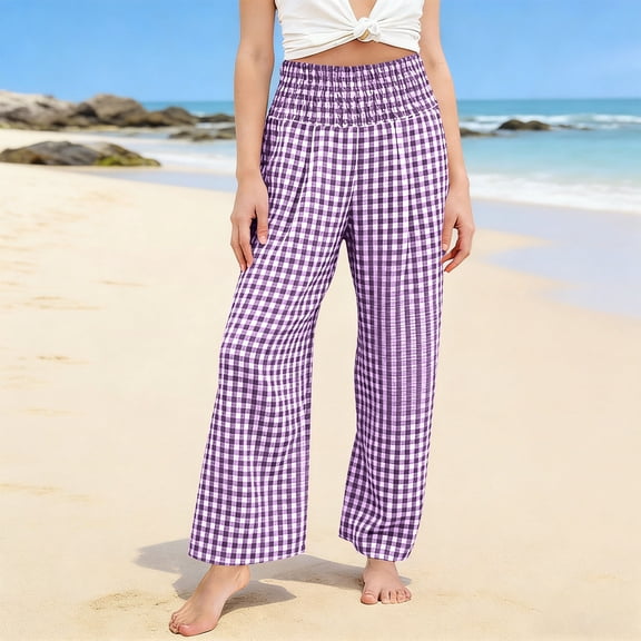 CCRFTGI Girls' Gingham Pants Wide Leg High Waist Drawstring Elastic Waist Casual Plaid Trousers with Pockets for Ages 5-14 Purple 11-12 Years