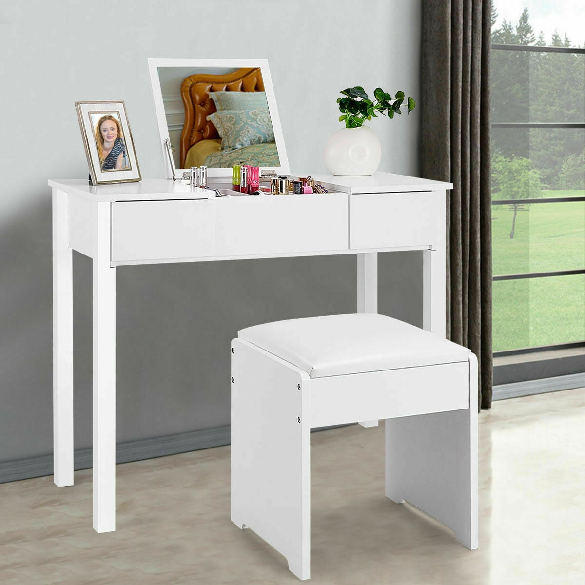 Costway White Vanity Dressing Table Set Mirrored Bathroom Furniture W Stool Storage Box