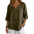 thumbnail image 2 of Leidass 3/4 Length Sleeve Womens Tops Cotton Linen V Neck T Shirts Summer Beach Casual Boho Three Quarter Sleeve Tops Army Green L, 2 of 7