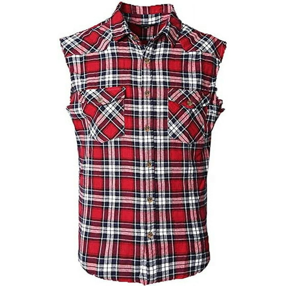 Men's Casual Flannel Plaid Shirt Sleeveless Cotton Plus Size Vest Red and Black 2XL
