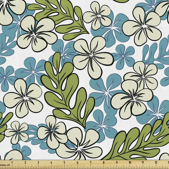 Luau Fabric by the Yard, Digitally Generated Flower and Leafy Branches, Decorative Upholstery Fabric for Sofas and Home Accents, 10 Yards, White Sea Blue by Ambesonne
