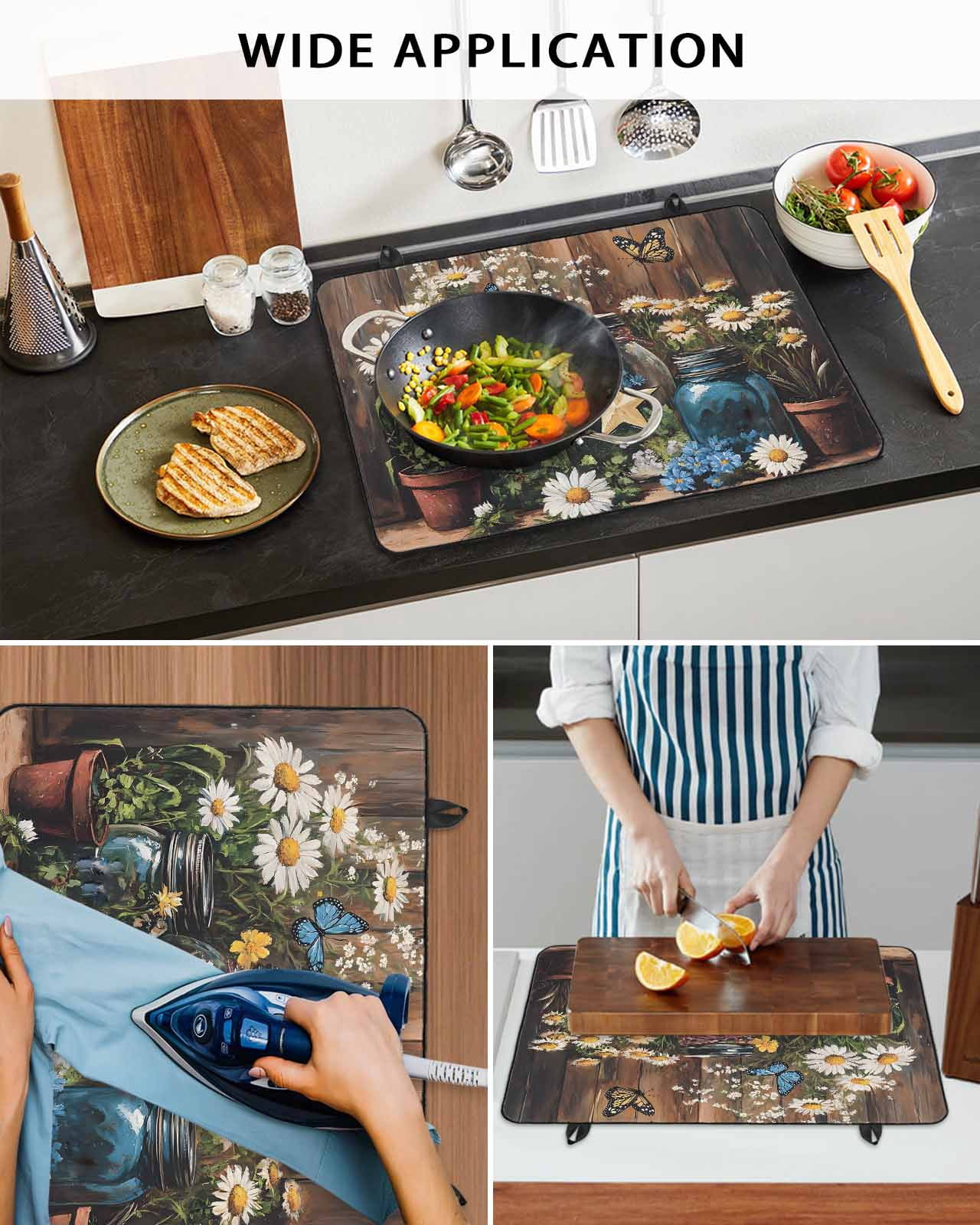 nqOlkjepod Large Induction Cooktop Protector Mat 36"x21", Vintage Flower Stove Top Covers for Electric Stove, Country Barn Star Daisies Butterfly Wood Stove Burner Cover Mats, Glass Top Stove Cover