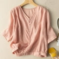 thumbnail image 5 of BRGZLK Cotton Linen Shirts For Women Plus Size Loose Round Neck Short Sleeve Blouse Summer Thin Breathable Button Down Top Pink XXXL, 5 of 7