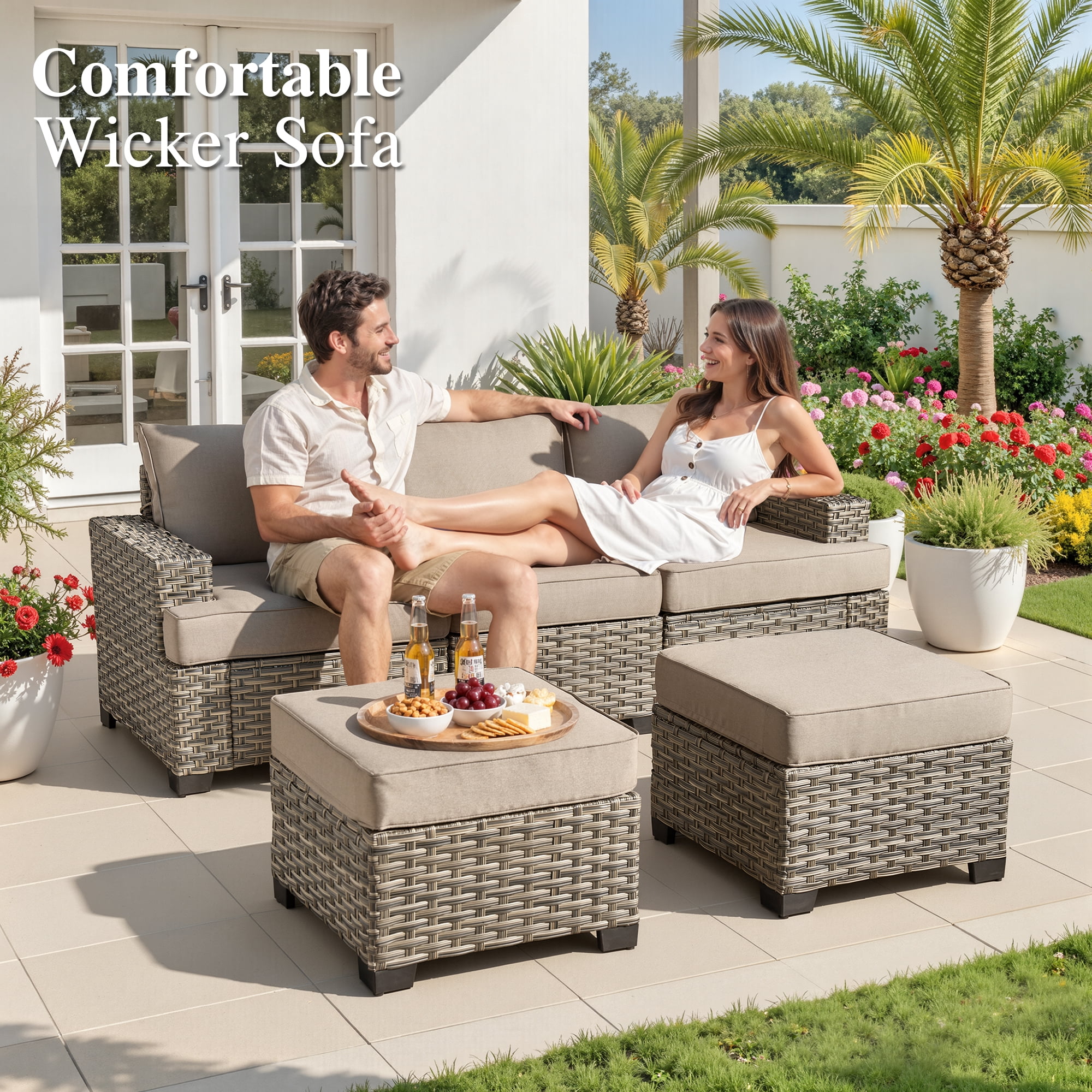 Ovios 7 Pieces Outdoor Patio Furniture Set All-Weather Rattan Wicker Sectional Sofa and Chairs with Ottomans, Beige