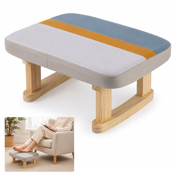 Tech Fabric Small Footstool for Living Room, Beige Upholstered Ottoman with Solid Wood Legs, High-Density Sponge Cushion, 16.1 x 11.8 x 7.1 in Portable Pouffe Stool for Home Entryway Bedroom