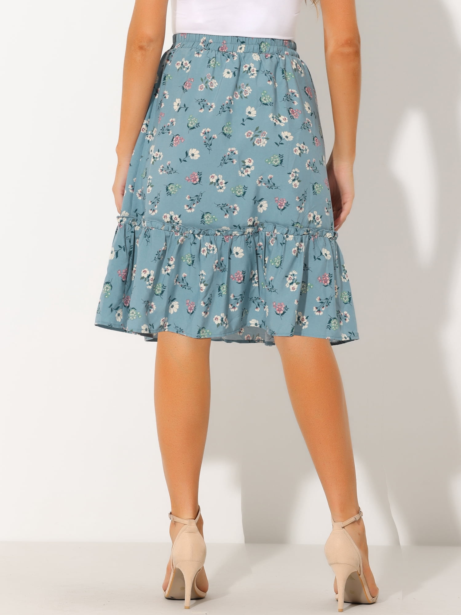 DARING DIVA Women's Flowy Ruffle Hem Tiered Floral Midi Skirt XS Dusty Blue