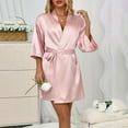 thumbnail image 4 of Xfvqtps Womens Pajama Bridal Bridesmaids Robes 3/4 Sleeve V Neck Solid Color Satin Soft Comfortable Silky Nightwear Pink, 4 of 6