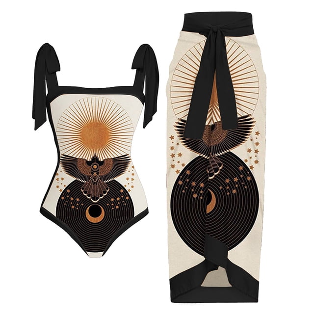 Traje De Baño Damas 2 uds traje de baño atlético de playa para mujer a la moda con vestido para accesorios femeninos (pájaro negro XL)